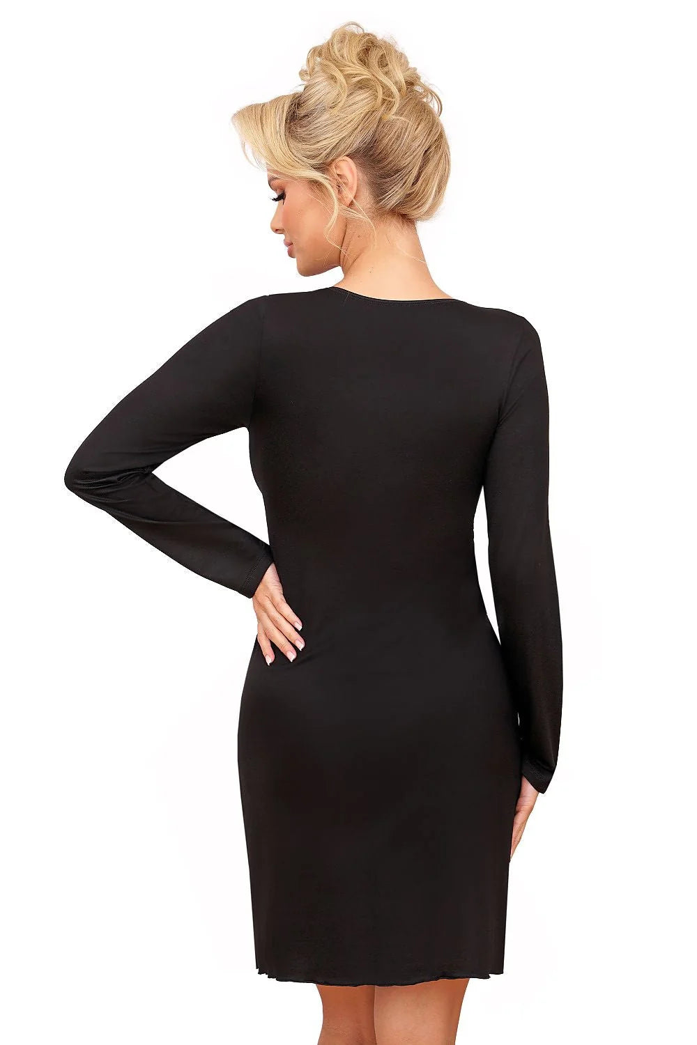 Chemise de nuit élégante Donna manches longues dentelle noire fluide viscose élasthanne polyamide femmes