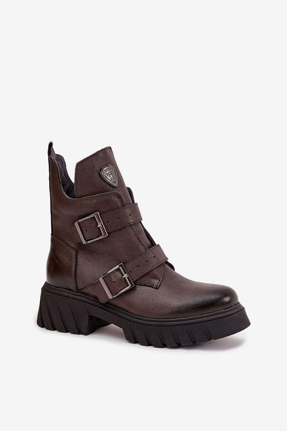 bottines cuir grainé marron foncé cheville feutre chaud confortable fermeture éclair latérale sangles boucles réglables semelle crantée antidérapante écusson métallique