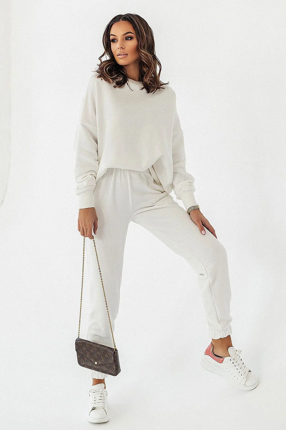 Sweatshirt IVON pour femmes, noir, oversized, col rond, manches longues, joggers assortis, ensemble décontracté, coton 92%, elasthanne 8%, mode moderne