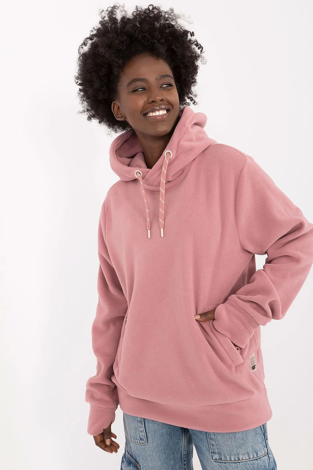 Sweatshirt à capuche pour femme style décontracté couleur rose douce matériau molletonné coupe ample poche kangourou manches longues
