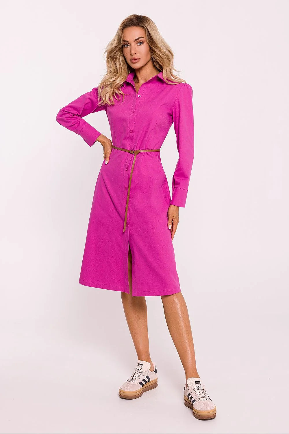 Robe de jour Moe chemisier classique en coton fuchsia longueur genoux ceinture manches longues boutonnage intégral femmes