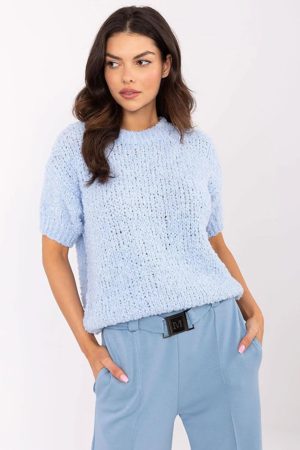 Pull à manches courtes Italy Moda ensemble deux pièces bleu pastel pantalon droite femmes casual chic printemps été