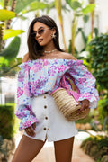 chemisier Balancia romantique décolleté espagnol épaules dénudées manches longues bouffantes volants subtils tissu léger mousseline pastel floral estival