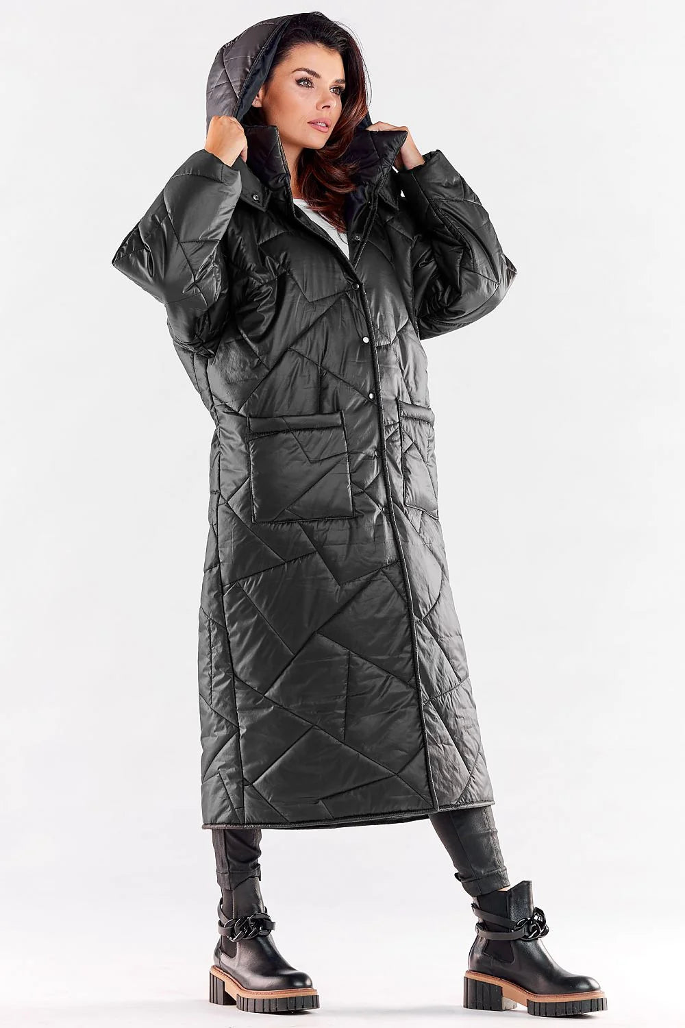 Manteau long oversize pour femme, rouge vif, nylon brillant, col montant, boutons-pression, poches latérales, isolé, tendance automne-hiver