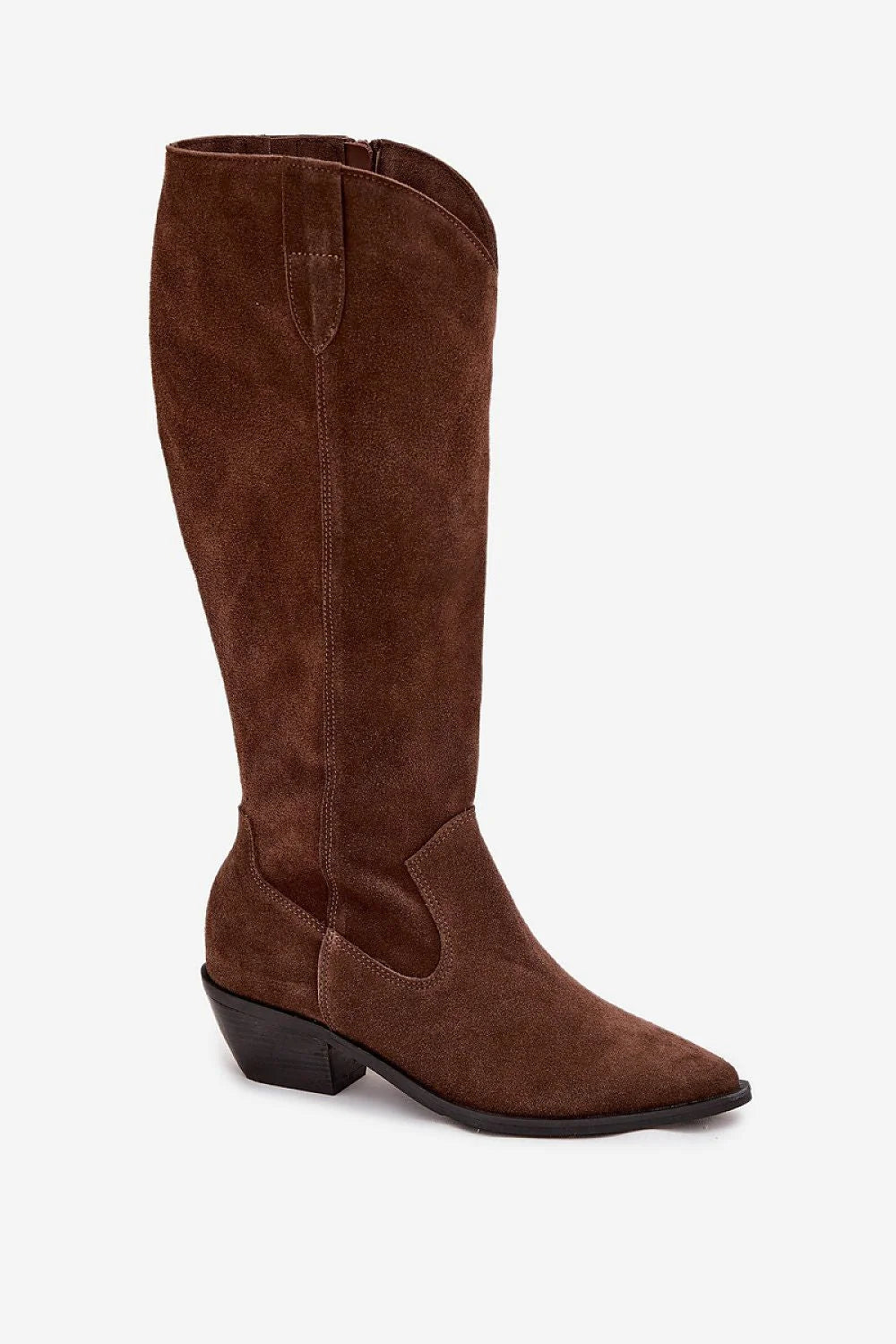 bottes femme hautes cowboy daim suédé naturel marron tige genou bout pointu talon bloc moyen noir semelle contrastée doublure feutre
