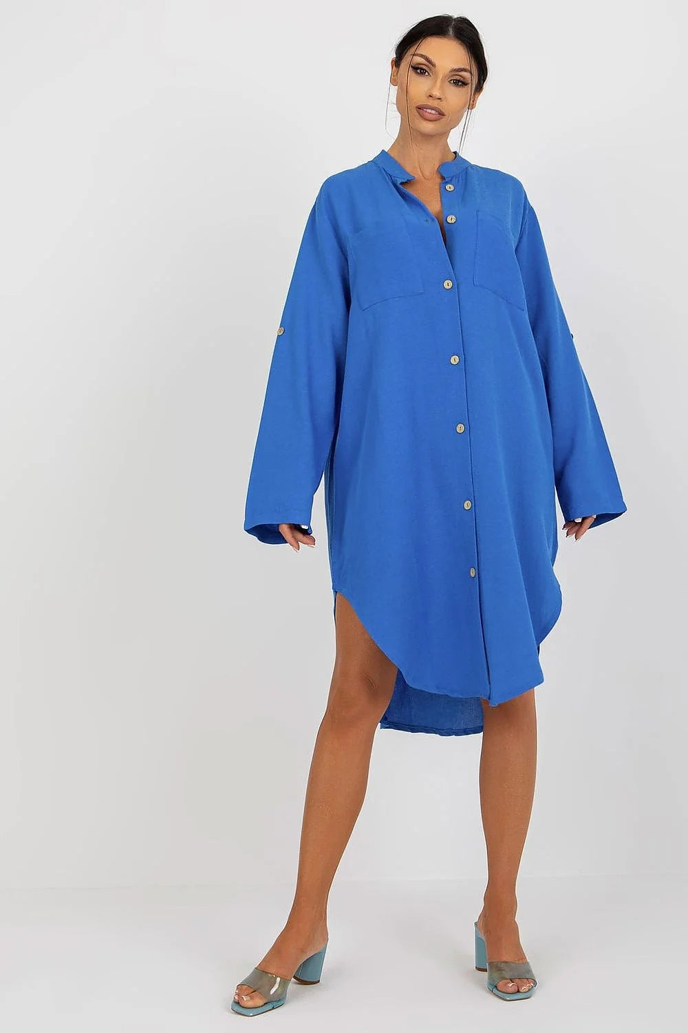 Robe chemise femme style décontracté robe Och Bella coton lin viscose bleu vif taille ajustable manches longues poches poitrine
