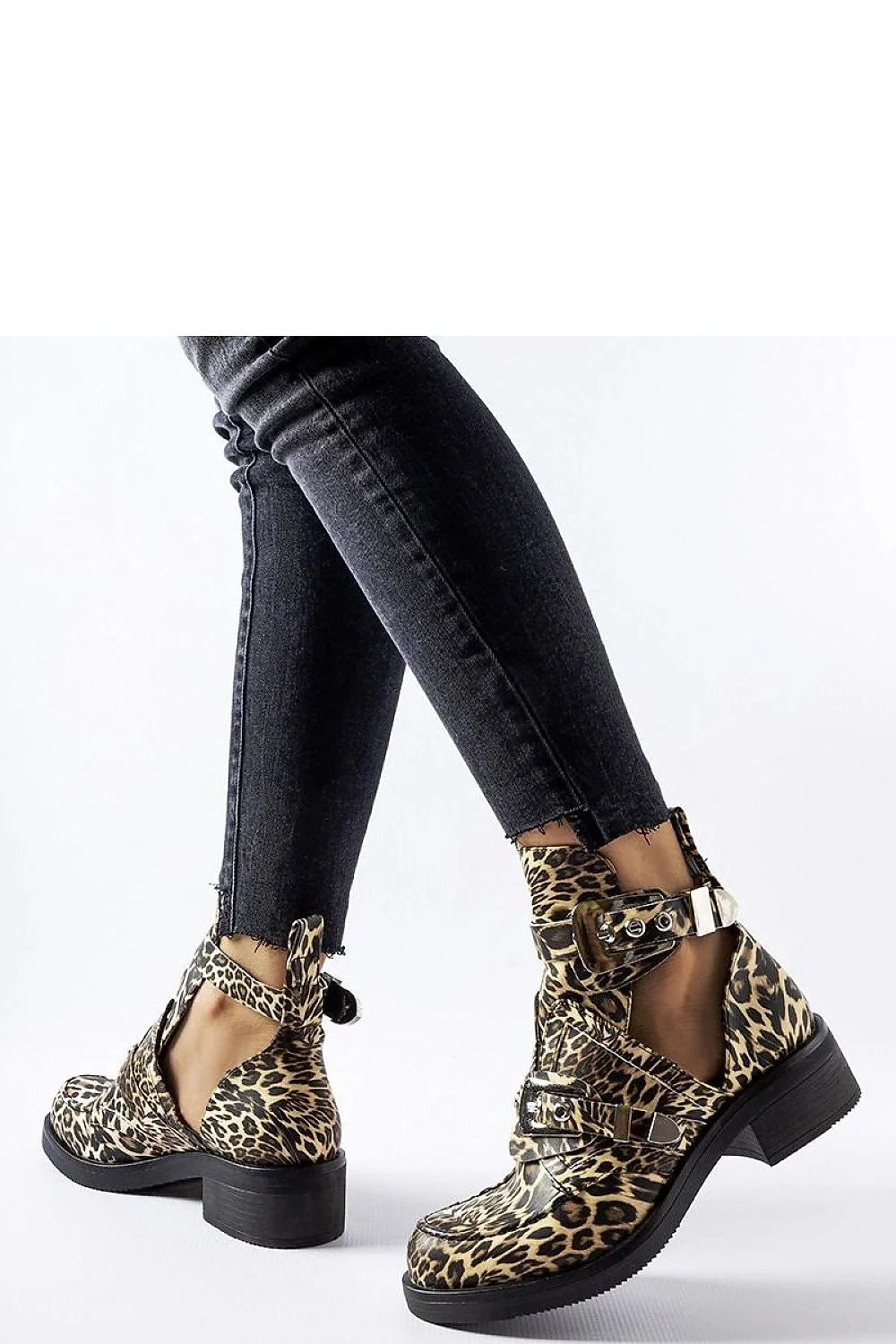Bottines audacieuses pour femmes imprimé léopard talon plat métallique cuir synthétique mode punk rock