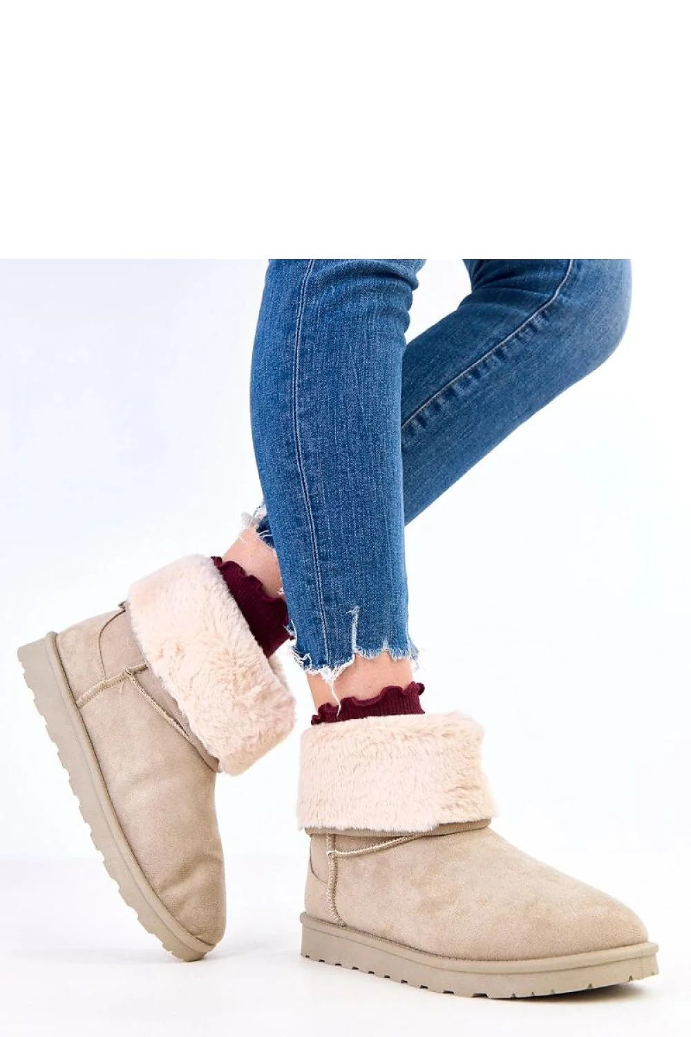 bottines hiver femme suédine beige retourné fausse fourrure rond semelle crantée plateforme 25mm slipon doublées chaudes confort durable