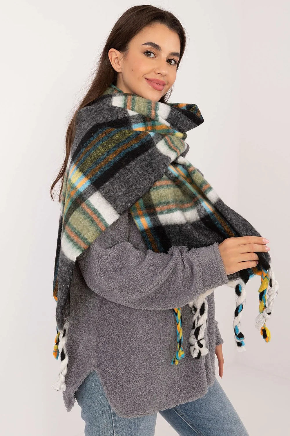 châle oversize carreaux multicolore tartan polyester doux moelleux franges tressées torsades 182cm longue grand hiver femme casual urbain stylé