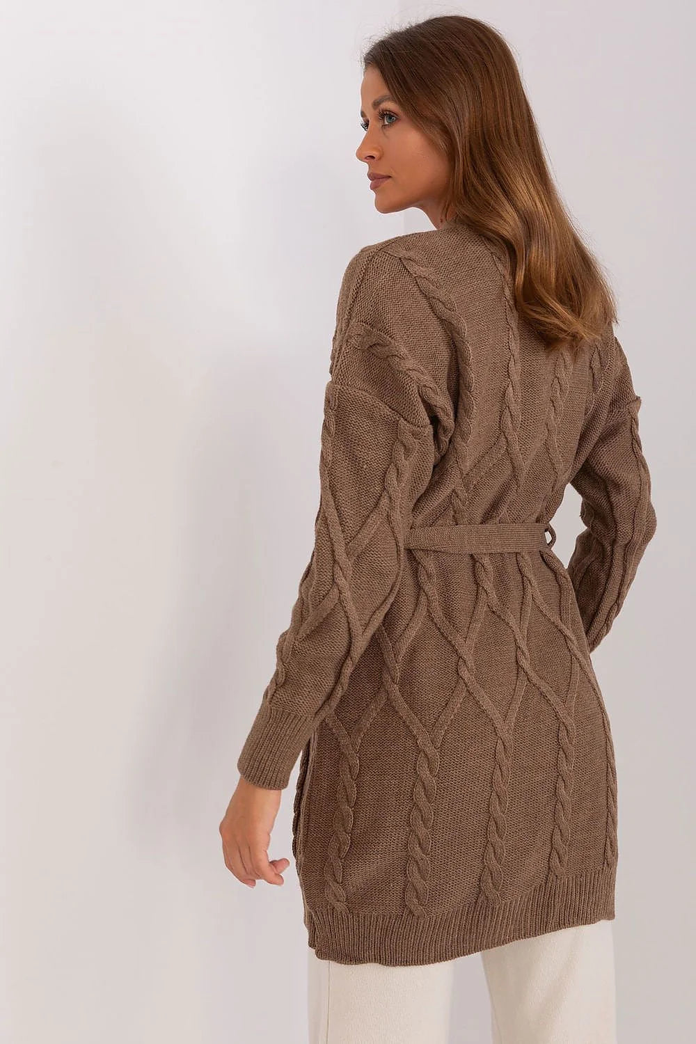 cardigan long ceinturé femme maille torsadée taupe cosy chic manches longues poignets côtelés ouverture sans boutons coupe relaxed
