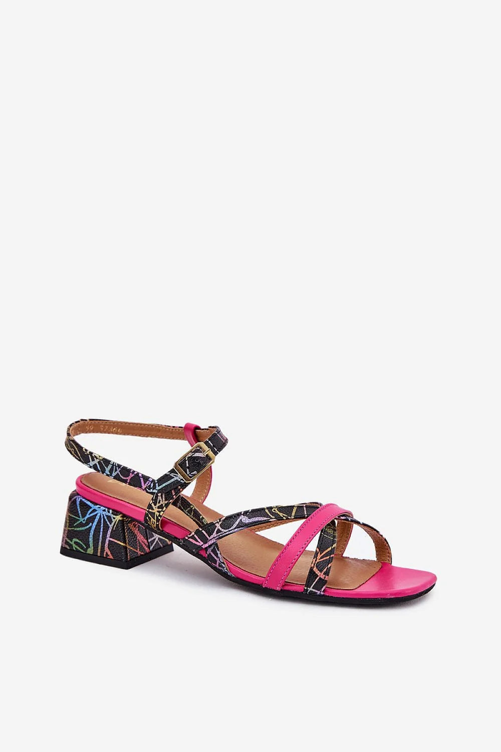 sandales femme talon compensé cuir naturel lanières entrelacées multicolore fuchsia rose vif boucle dorée brides réglable