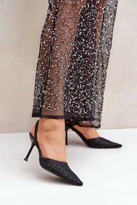 escarpins femme paillettes noirs talons aiguilles fins laqués bouts pointus bride arrière élastique textile texturé scintillant élégant soirée