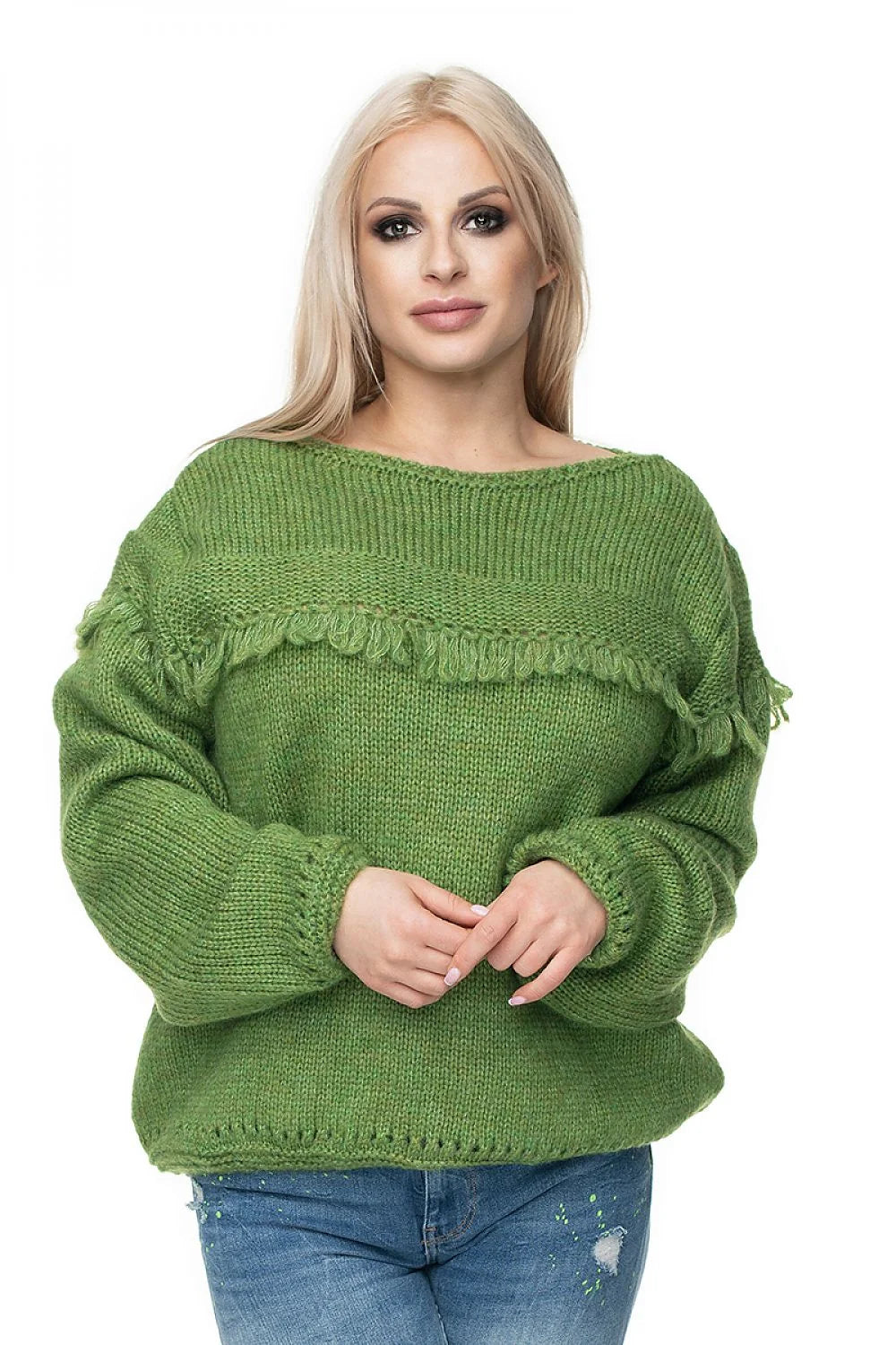 Pull Pee Ka Boo pour femme en maille épaisse couleur framboise vibrante coupe ample manches longues franges décoratives
