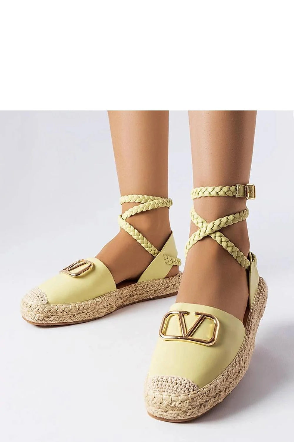 espadrille femme jaune pastel cuir écologique plateforme semelle tressée jute bout fermé bride croisée réglable boucle dorée logo métallique confortable