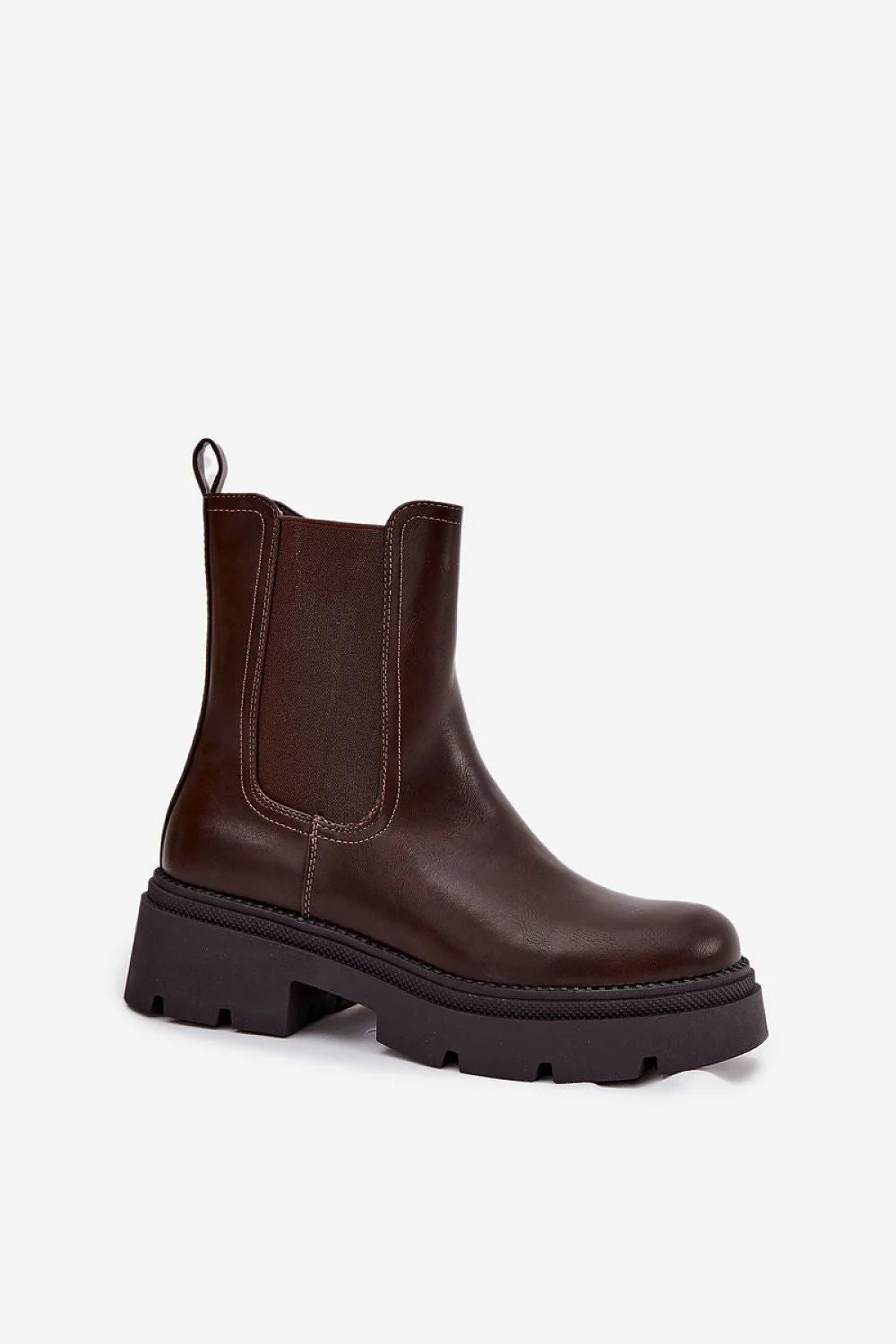 bottines chelsea montantes cuir artificiel lisse marron semelle crantée noire plateforme chunky zip intérieur élastique latéral coutures apparentes antidérapante