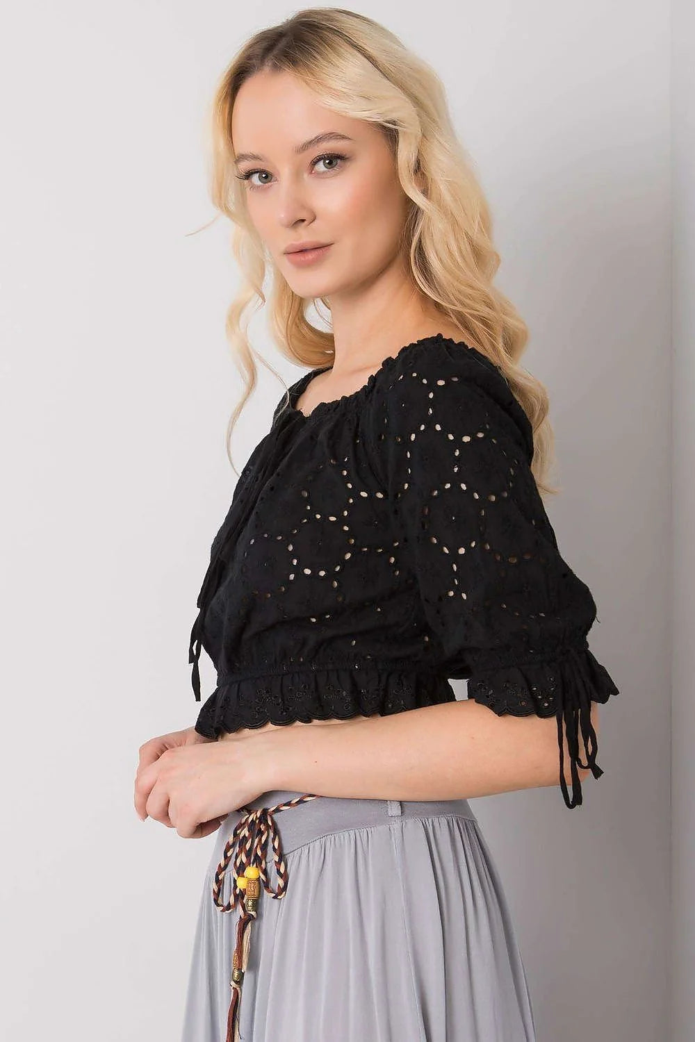 Ensemble féminin bohème été crop top jupe longue coton dentelle noire grise taille ajustable femme