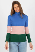 Pull col roulé multicolore maille côtelée coton élasthanne bleu rose vert ajusté manches longues ourlets nets design moderne
