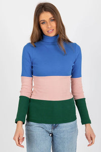 Pull col roulé multicolore maille côtelée coton élasthanne bleu rose vert ajusté manches longues ourlets nets design moderne