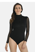Body féminin chic moderne col montant manches longues transparentes tissu extensible opaque classique noir silhouette ajustée finitions soignées femme