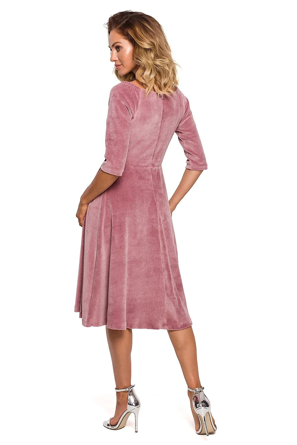 Robe soirée élégante velours rose antique manches 3/4 encolure V femme chic élégante