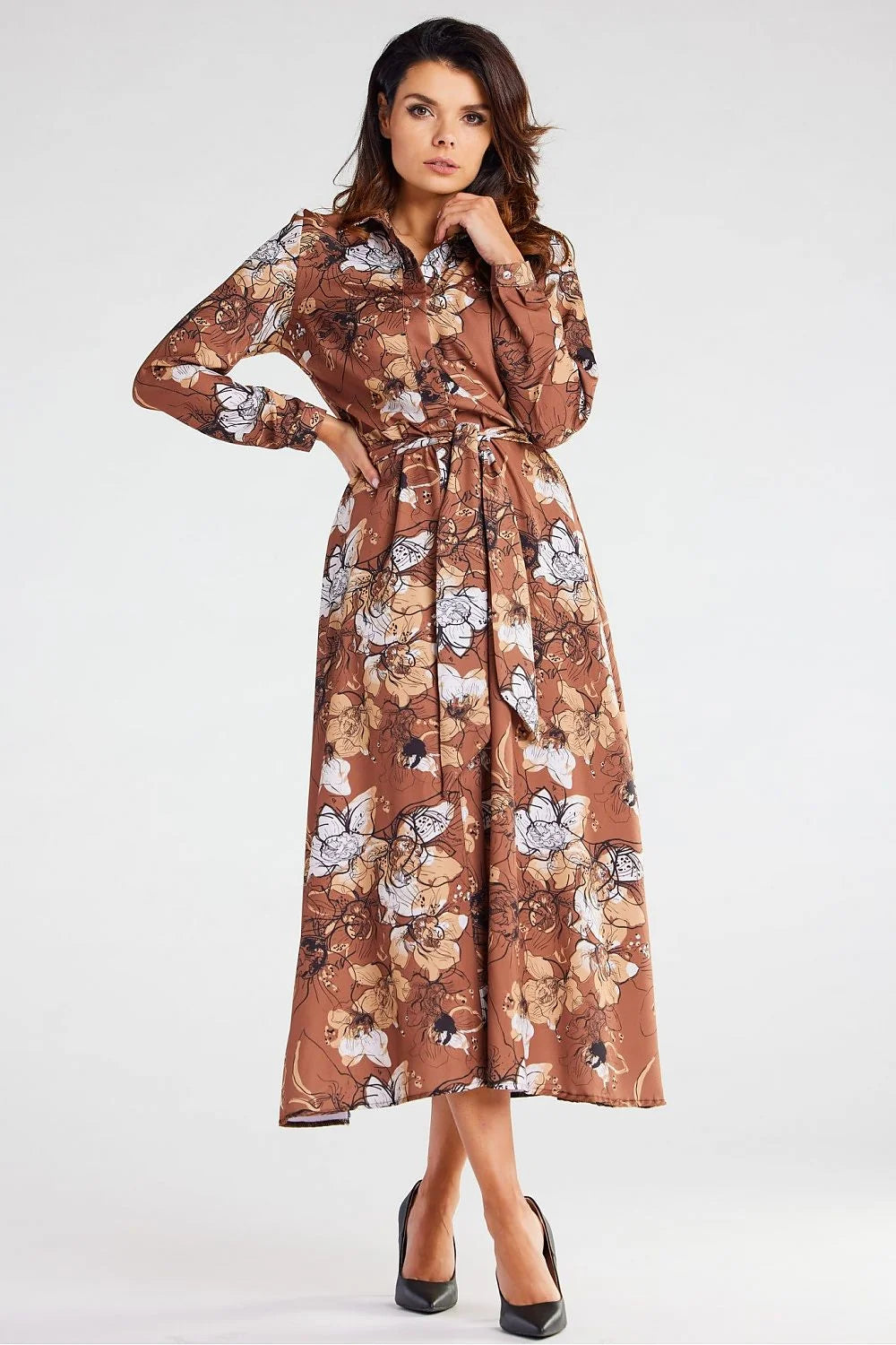 robe awama femme longue chemise manches longues motifs floraux marron caramel fluide ceinture ajustable evasee boutonnage