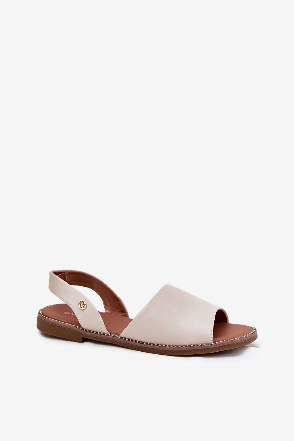 Sandales femmes cuir artificiel écolo moderne talon plat 1.5 cm ouvertes motif perlé beige style élégant été