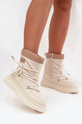 Lee Cooper bottes neige montantes femme beige matelassé similicuir semelle plateforme crantée fermeture éclair laçage crochets métalliques doublure peluche