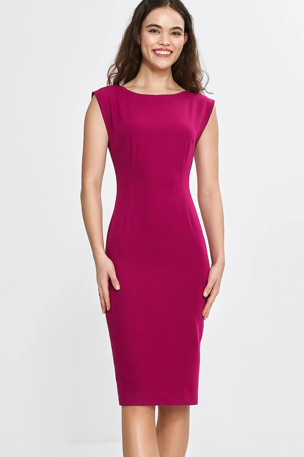 Robe de jour élégante ajustée sans manches encolure bateau dos nu genou magenta femme