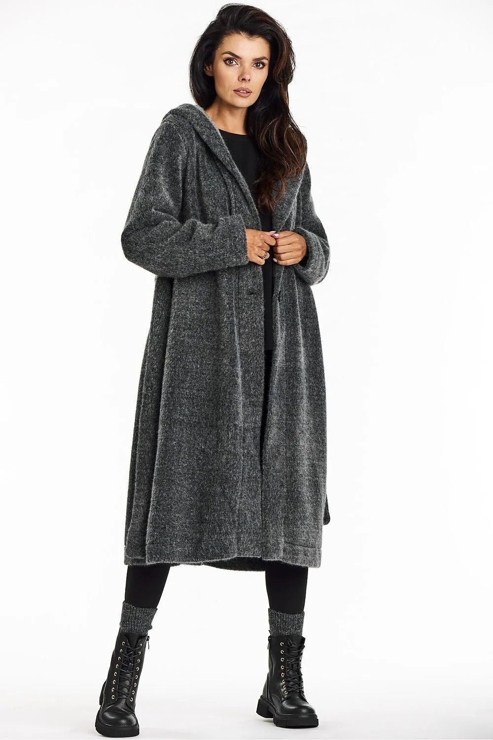 Manteau pour femme long à capuche gris foncé col châle ceinture maille ourson automne-hiver élégance décontractée Awama