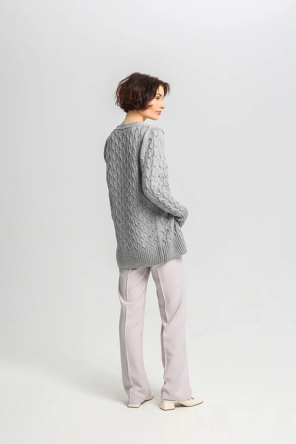 Cardigan et pantalon assortis modernes en tricot torsades gris beige tissu léger coupe oversize femme occasionnels décontractés