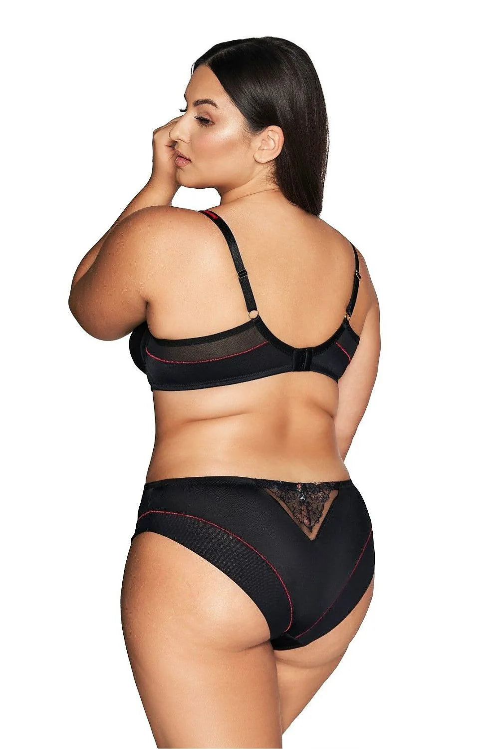 Soutien-gorge élégant et sensuel semi-soft Ava en microfibre dentelle noire motifs floraux rouges cups rembourrées maintien optimal femmes poitrine généreuse