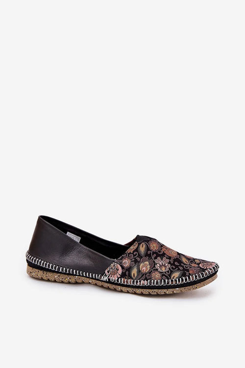 ballerines mocassin femme brocart floral noir rose doré contrefort cuir simili semelle caoutchouc recyclé coutures contrastées blanches