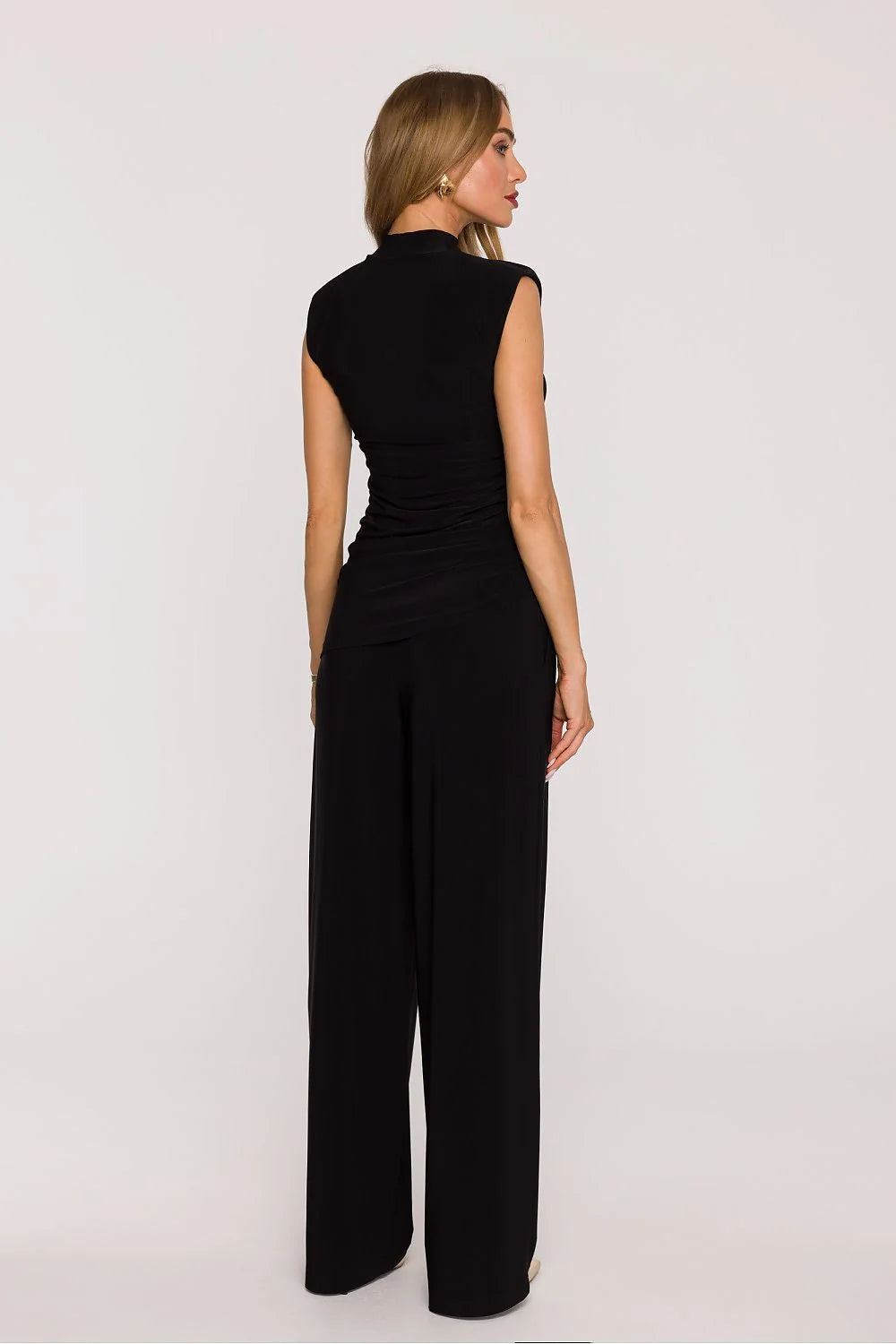 ensemble femme moderne élégant minimaliste noir jersey extensible doux drapé col montant sans manches pantalon palazzo taille haute