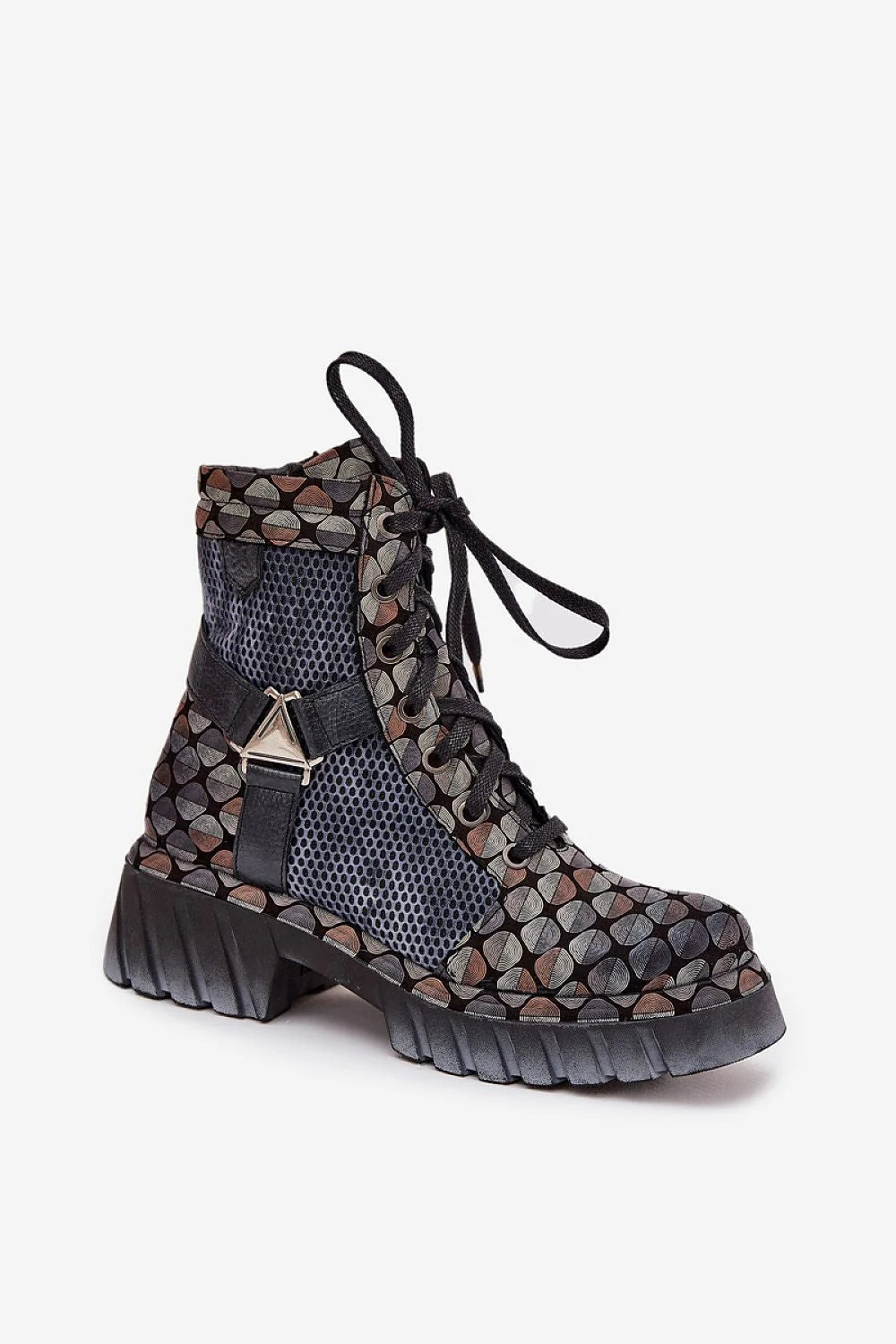 bottines Maciejka femme rangers cuir naturel plateforme semelle crantée noire talon plat confort lacets fermeture éclair tige imprimée géométrique multicolore
