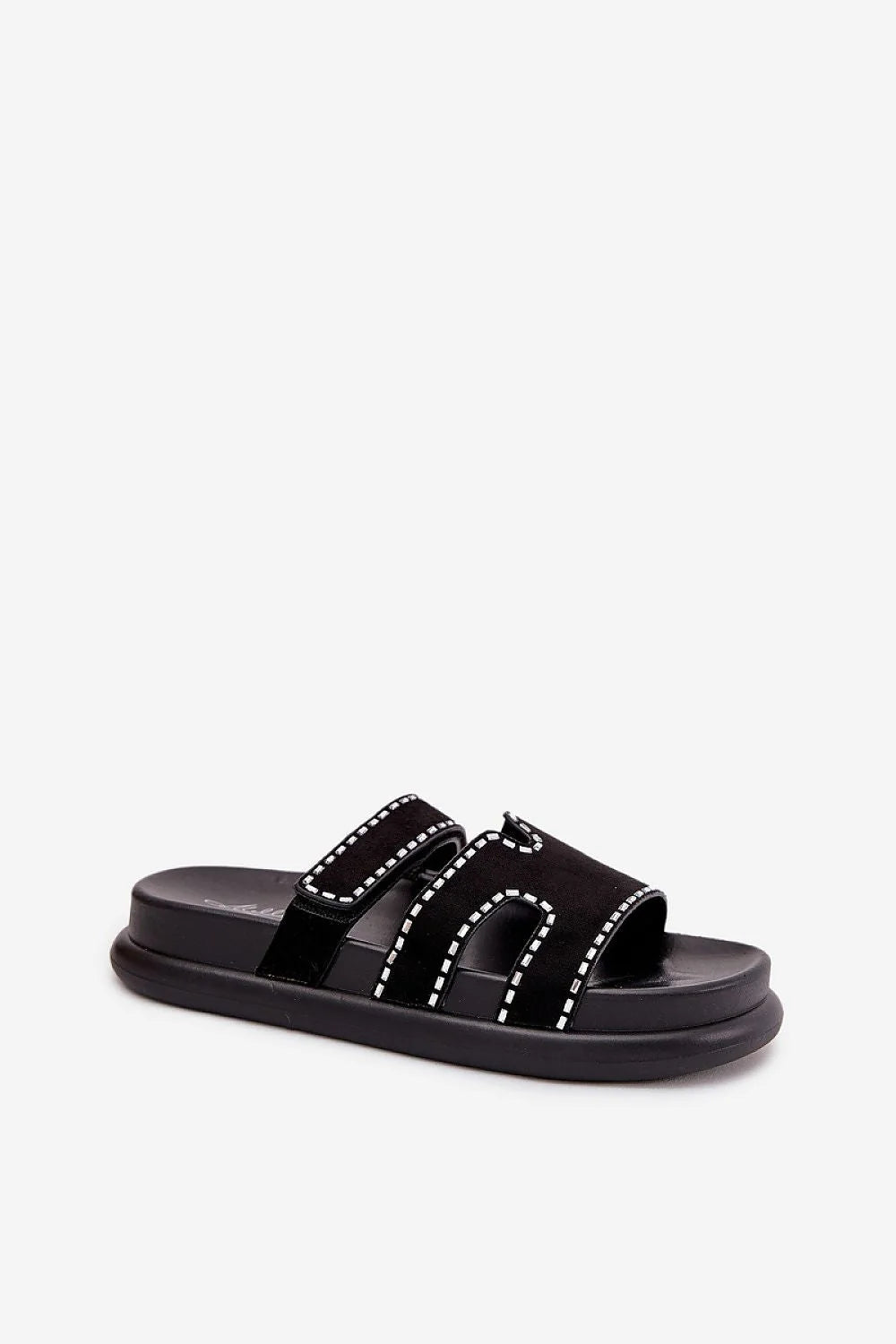 Mules en suédine écologique plateforme 3.5 cm style moderne décontracté sandales ouvertes brides noires détails contrastants femmes