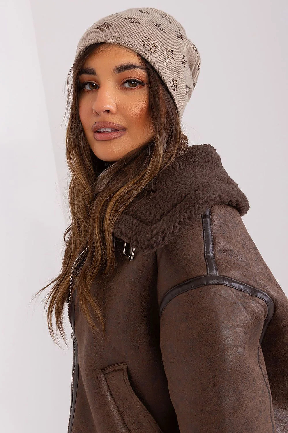Bonnet d'hiver en cachemire avec strass applications veste cuir marron faux fourrure col doublé femmes mode hiver veste ample