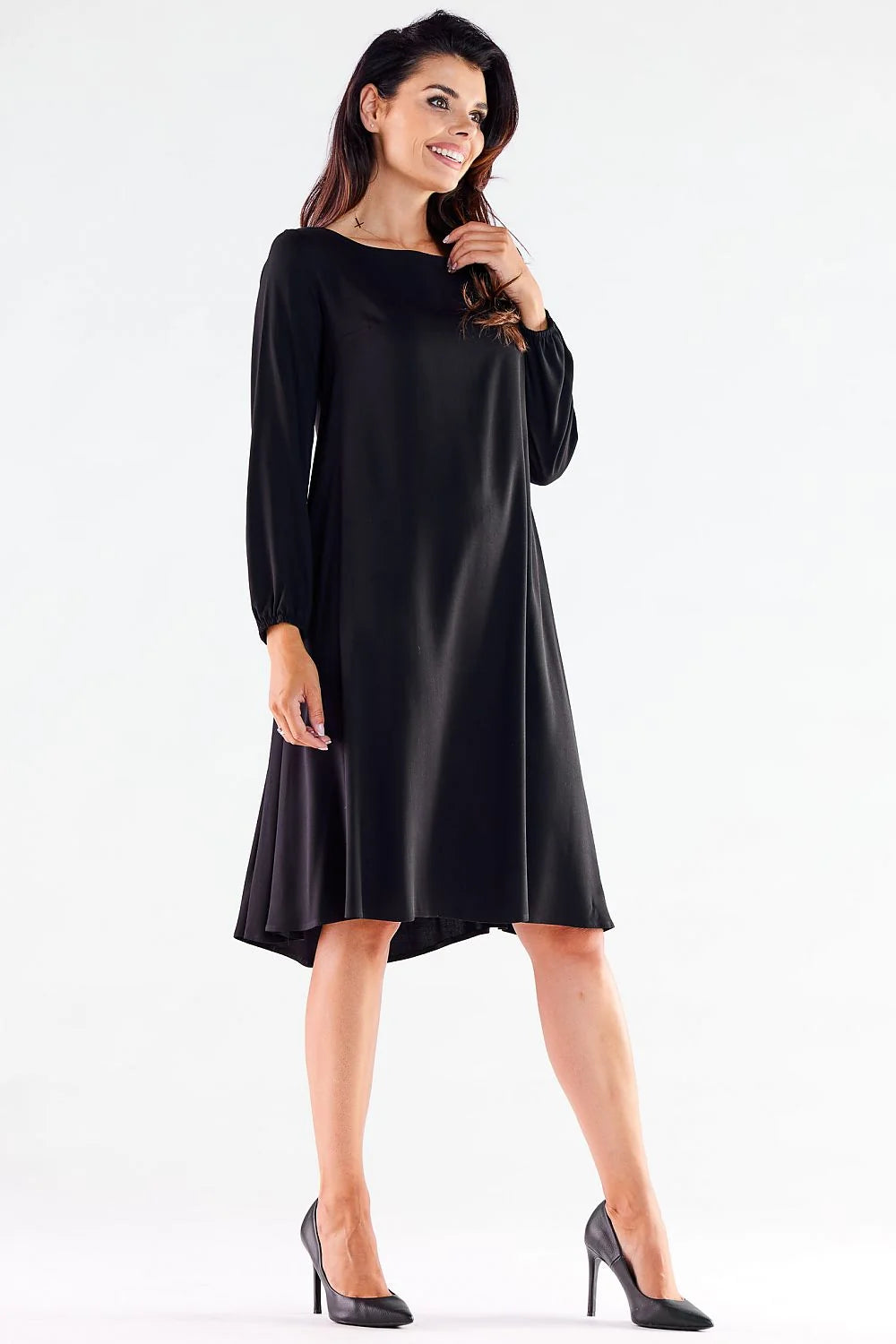 Robe de jour élégante pour femme en viscose et elasthanne, manches longues, dos allongé, coupe trapèze, couleur rouge, taille ajustable