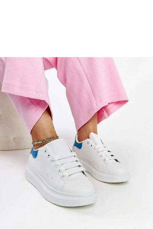 Baskets mode femmes style décontracté cuir synthétique blanche bleu pailleté semelle épaisse fermeture lacets perforations