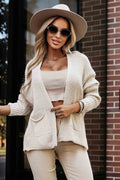 cardigan Numoco basic beige écru maille tricotée oversize ouvert sans boutons poches plaquées manches longues bords côtes point mousse layering