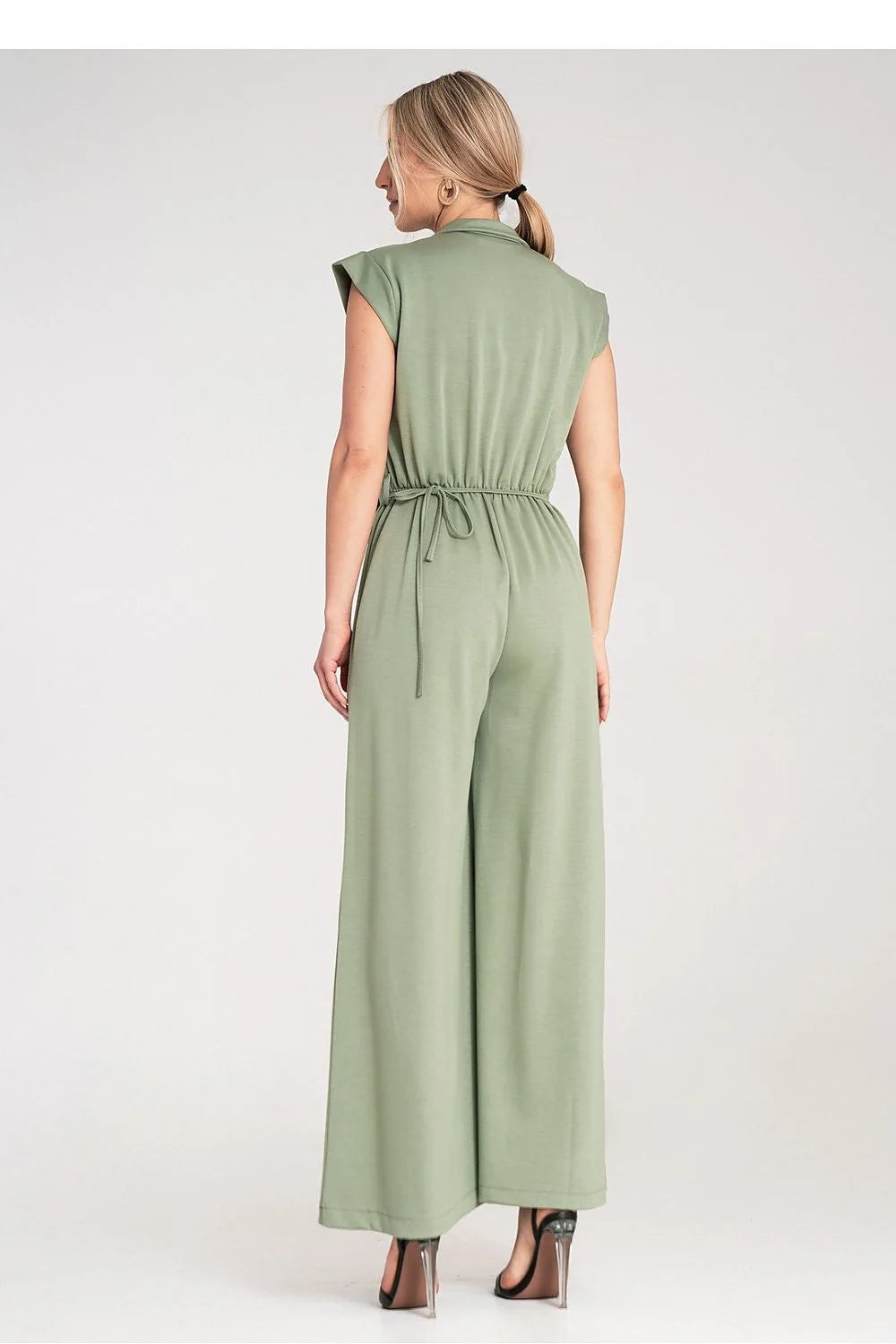 Combinaison pour femme élégante vert kaki matière fluide ceinture fleur boutons détails soignés style moderne coupe ample