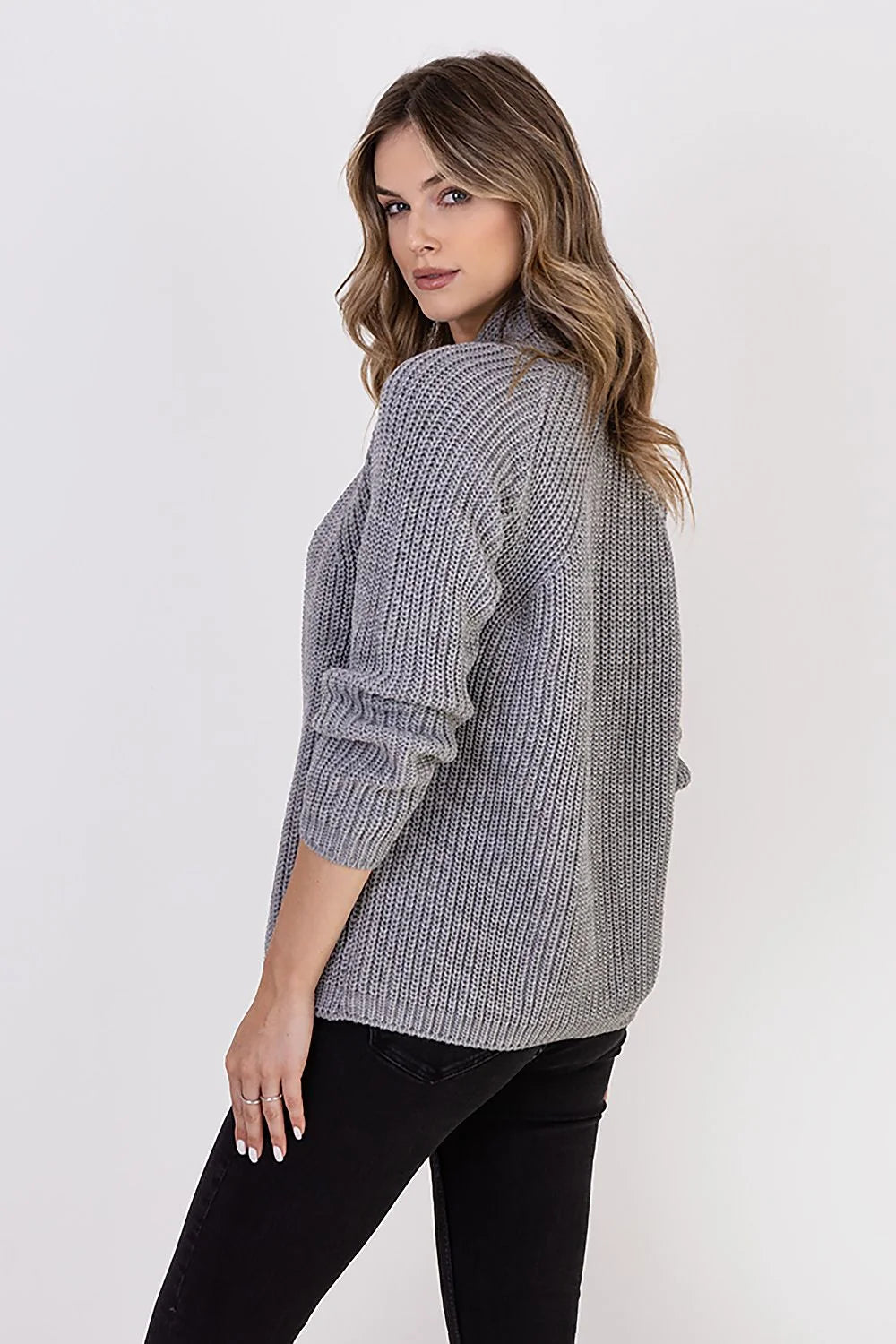 Cardigan femme côtelé en maille acrylique et laine, col châle, style décontracté chic, polyvalent pour quotidien et soirées, gris