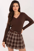 chemisier femme colV profond côtelé marron maille fine manches longues coupe ajustée taille standard confortable extensible coton élasthanne