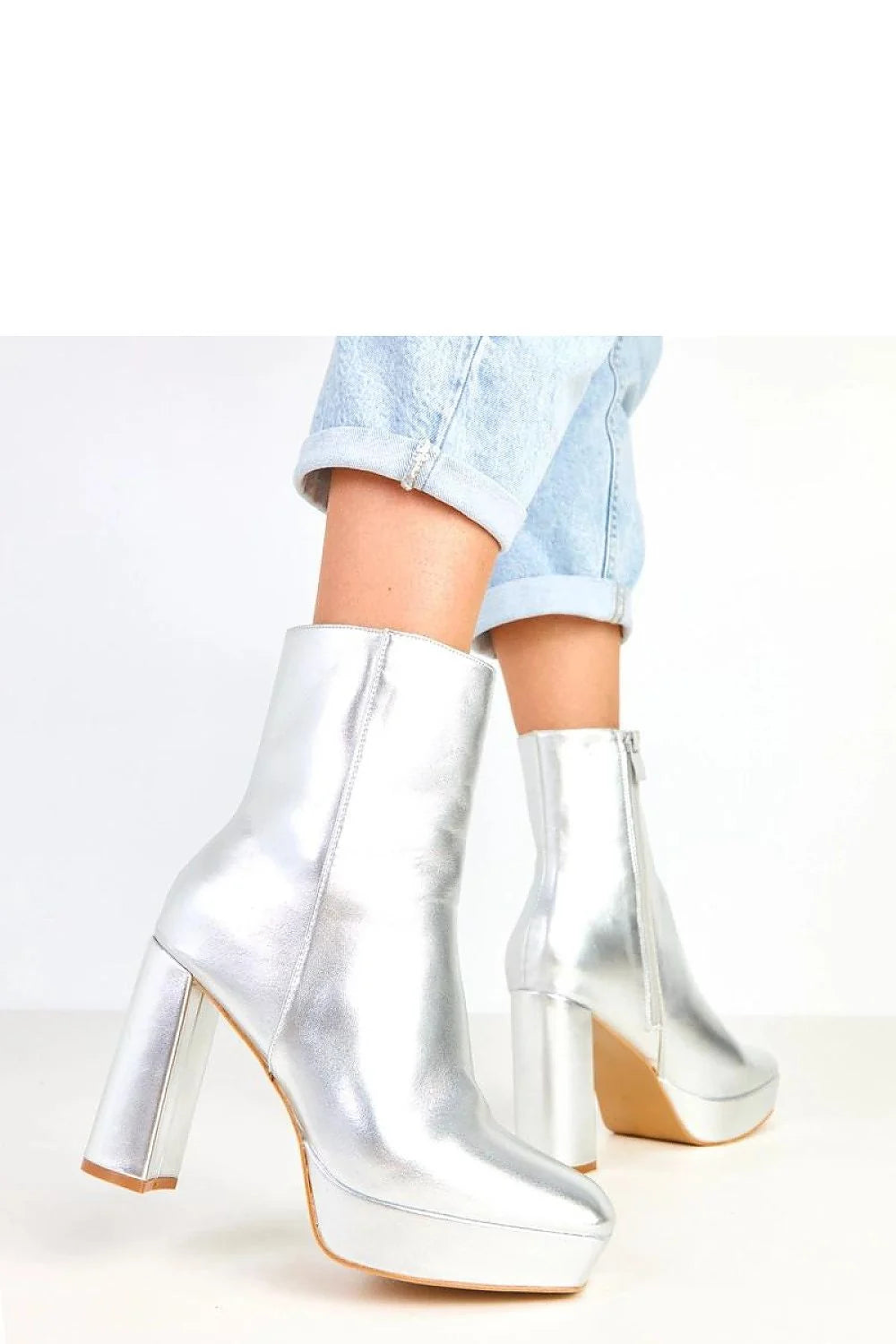 bottines argentées femme cuir synthétique effet miroir talon bloc 11cm plateforme 25mm tige 16cm fermeture éclair semelle caoutchouc