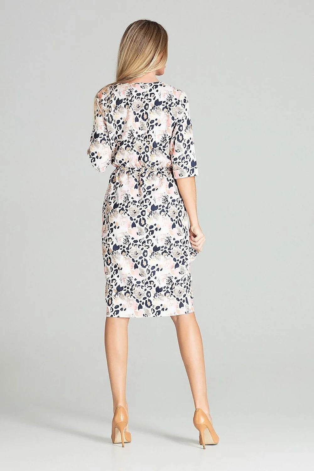 robe midi femme bleu ciel manches trois quarts col rond taille élastique jupe portefeuille asymétrique coupe blousante cintrée
