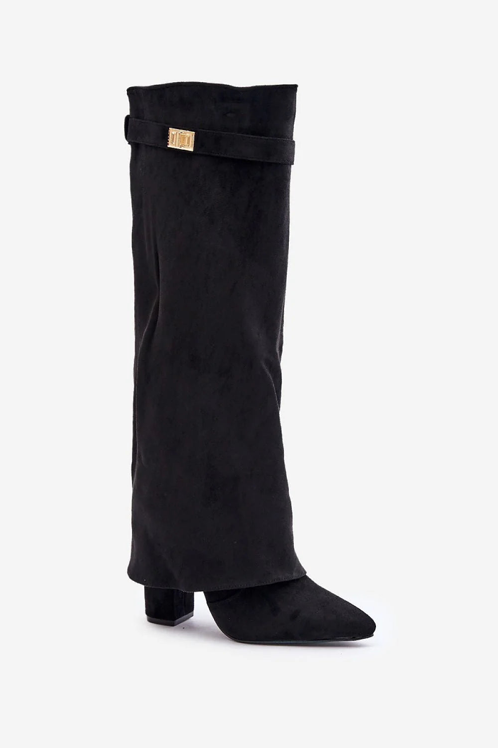 bottes hautes talons aiguille daim écologique noires bout pointu talon carré tige 40cm maintien confortable boucle dorée zip latéral femmes