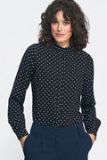 Chemise femme longues manches boutonnée col montant pois blancs sur fond noir 100% viscose élégante professionnelle