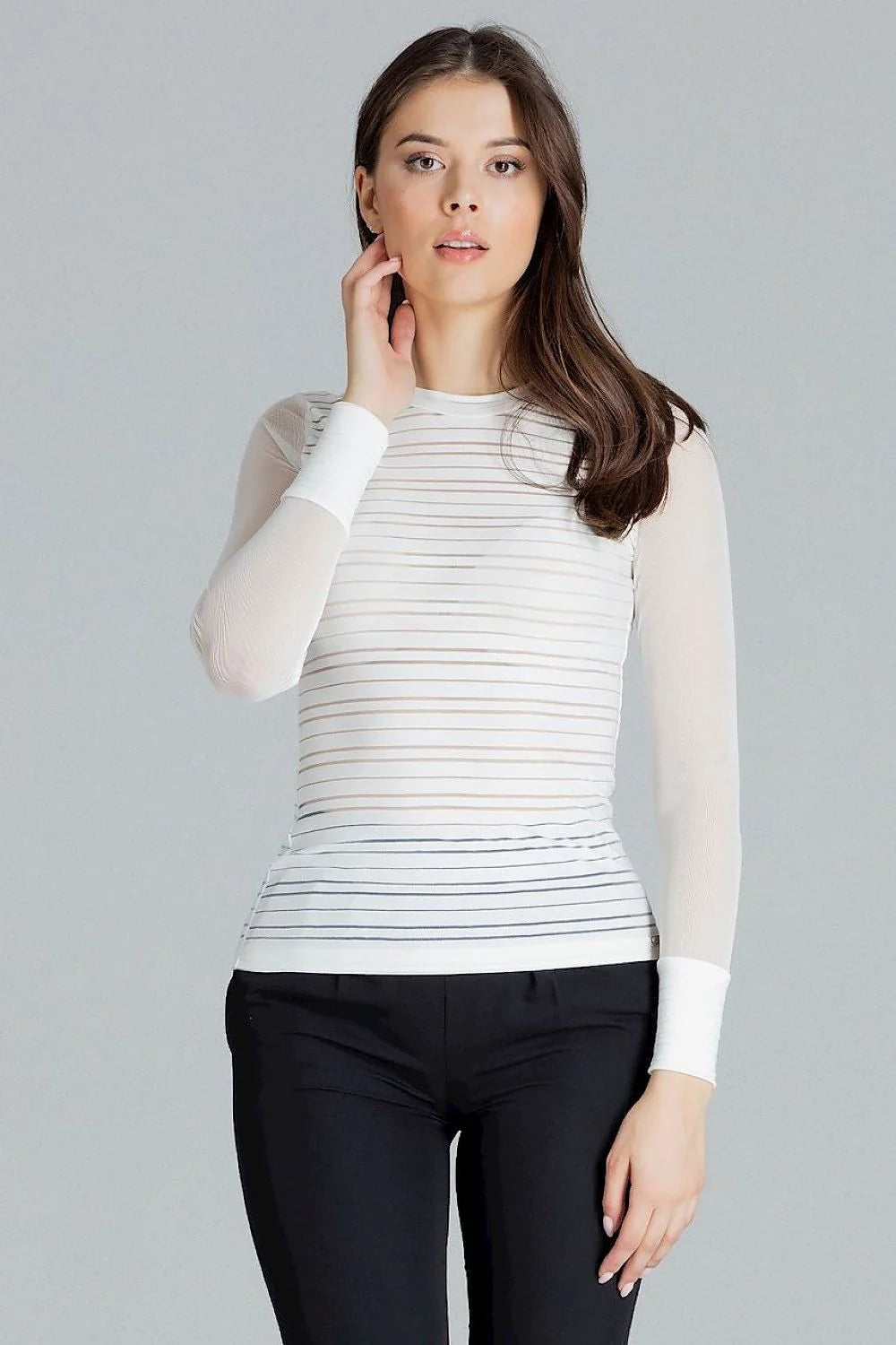 Haut moderne transparent manches longues en maille élégant blanc ajusté rayures pour tenues sophistiquées