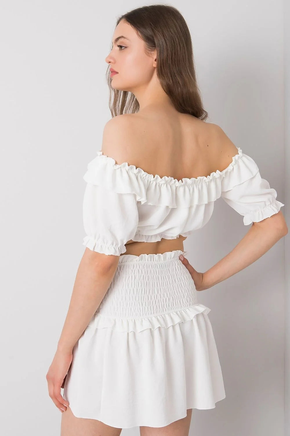 Ensemble chemisier jupe femme blanc style espagnol crop top manches courtes jupe courte smockée