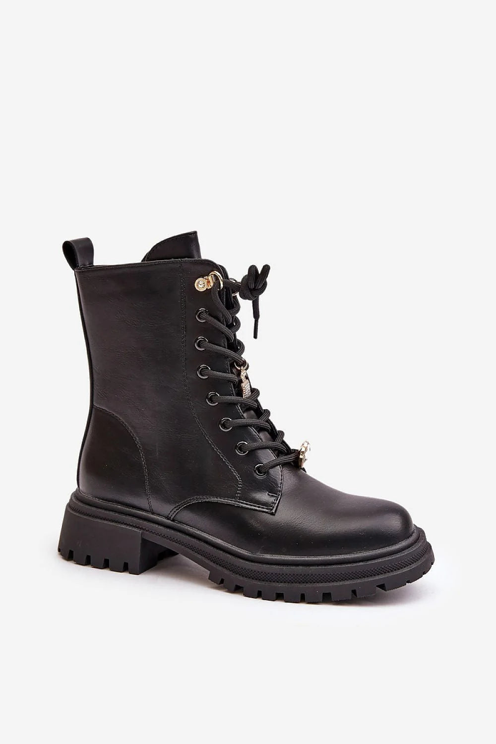 Bottines en cuir écologique pour femmes talon plat bout rond fermeture glissière lacets boutons style rock'n'roll automne hiver