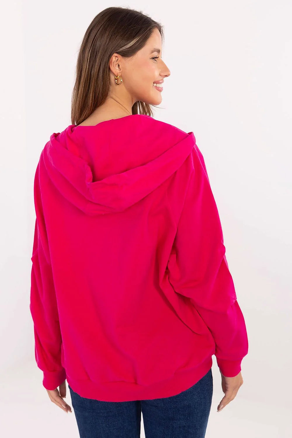 sweat zippé capuche femme fuchsia vif coupe oversize molletonné coton stretch confort poches kangourou manches longues côtelés polyvalent quotidien casual
